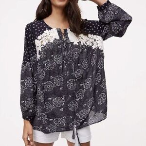 LOFT Boho crochet lace aplique split collar top tassels balloon sleeves top Sz L